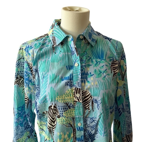 SOLD J MCLAUGHLIN LOIS SHIRT S BLUE GREEN GIRAFFE WHIMSY CASUAL COLORFUL STRETCH - Picture 3 of 12